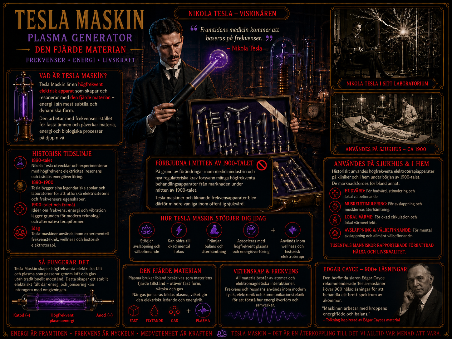 Infografik om Tesla-maskinen: historik, funktion och den fjärde materian
