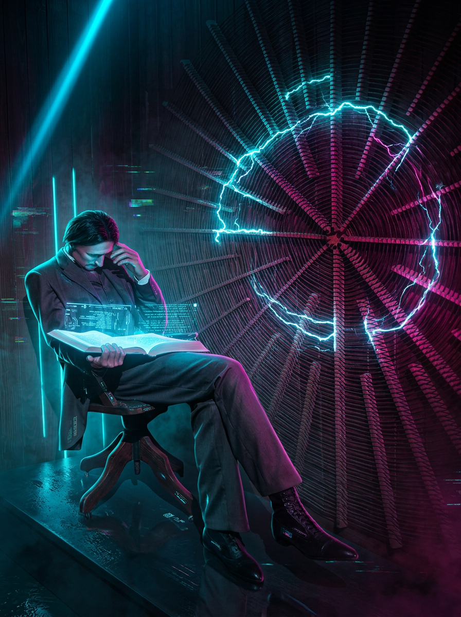 Tesla reading by a glowing high-frequency coil — cyberpunk reimagining